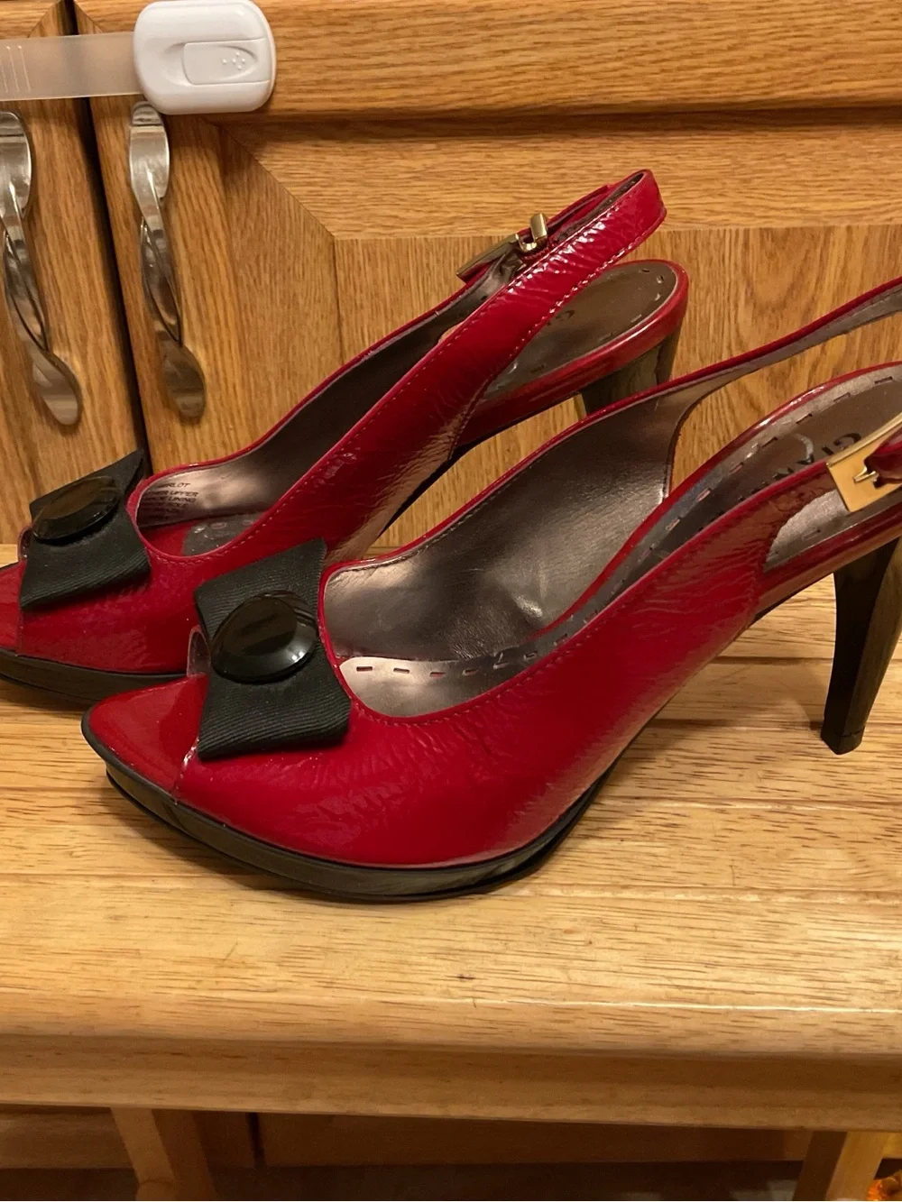 Gianni Bini Red Patent Peep-Toe Slingback Heels with Bow Accent